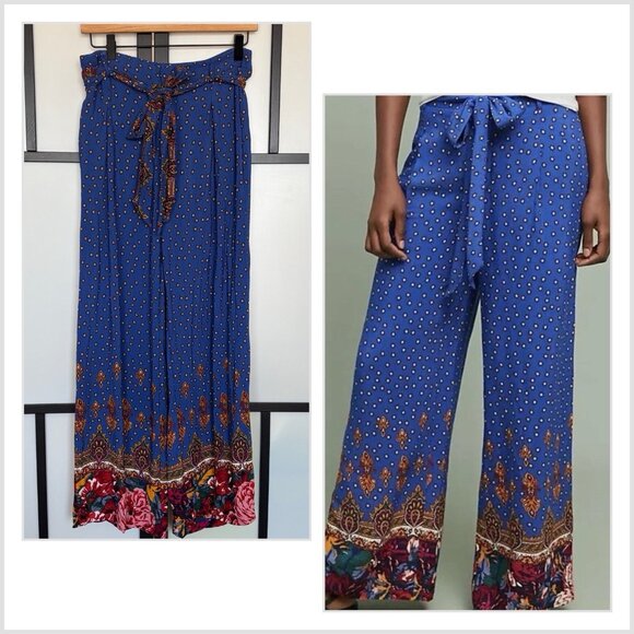 Anthropologie Ett Twa Wide Leg Floral Blue Pants Belted Size 4 Boho Hippie Lagom - Picture 1 of 16